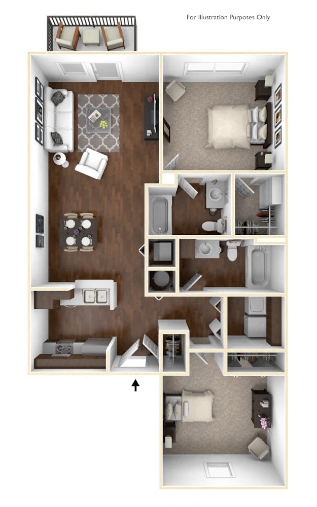 Floor plan for 2 beds, 2 baths, 999 sqft